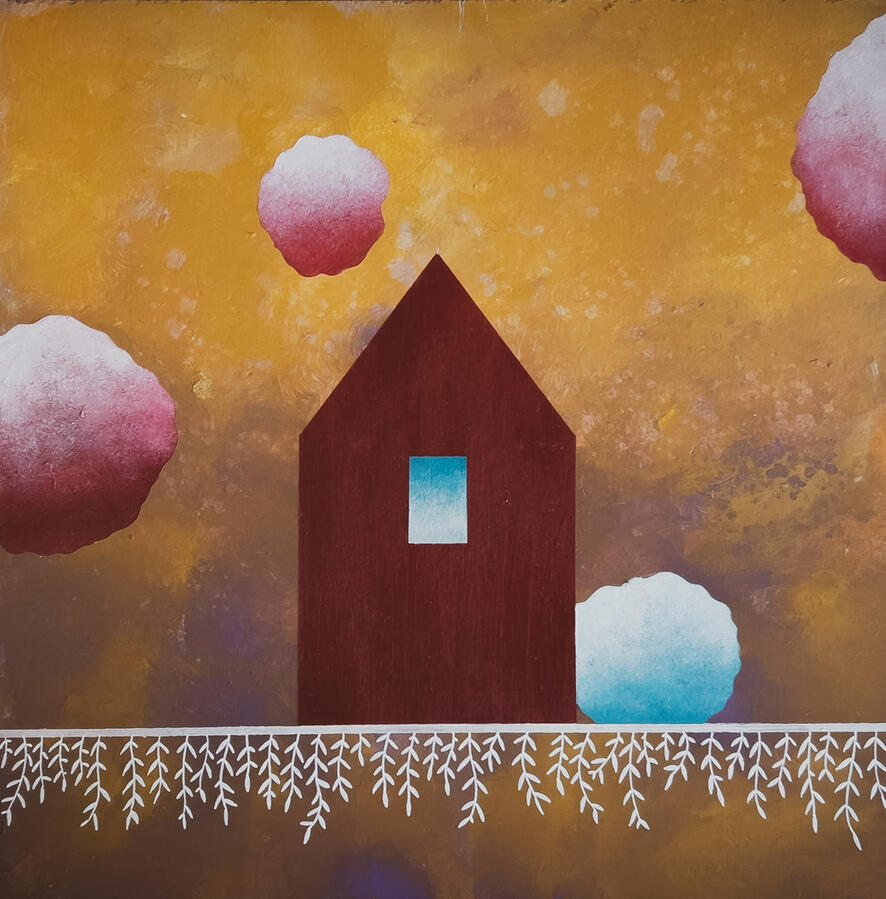 In un altro mondo i pensieri nascono nel sottosuolo. Nel cielo volano i sogni / In another world thoughts are born underground. Dreams fly in the sky · 34.5×34.5 cm